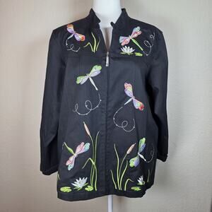 The Quacker Factory Jacket Womens Large Black Floral Cotton Embroidered Beaded
